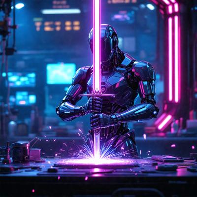 The primary subject of the image is a robot holding a purple sword. The robot is standing in a room with a TV in the background. The visual style of the image is digital art, and the dominant colors are purple and blue. The overall atmosphere of the image is futuristic and action-packed.